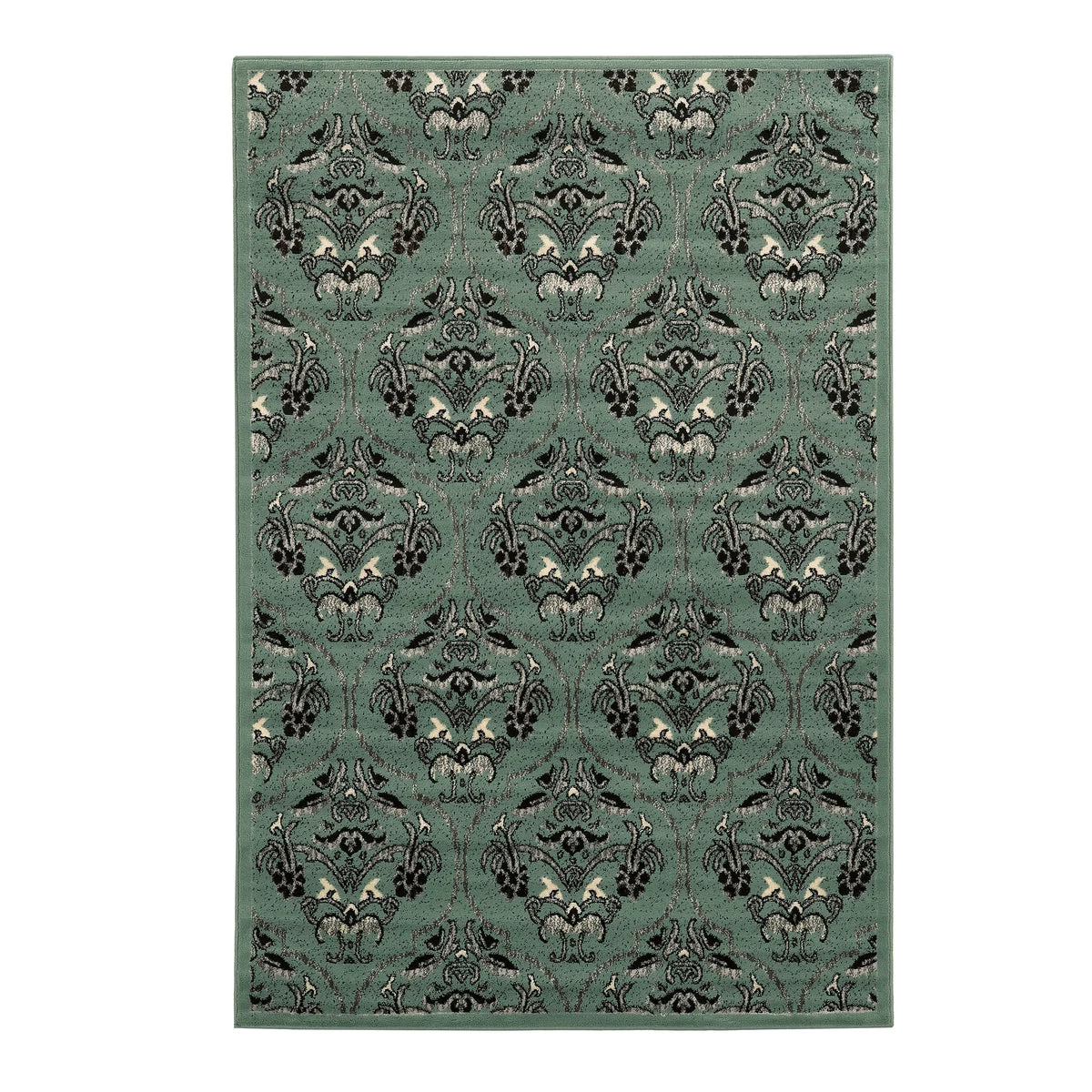 Benzara 7.25 X 5 Feet Power Loom Polypropylene Rug with Damask Pattern, Green and Black