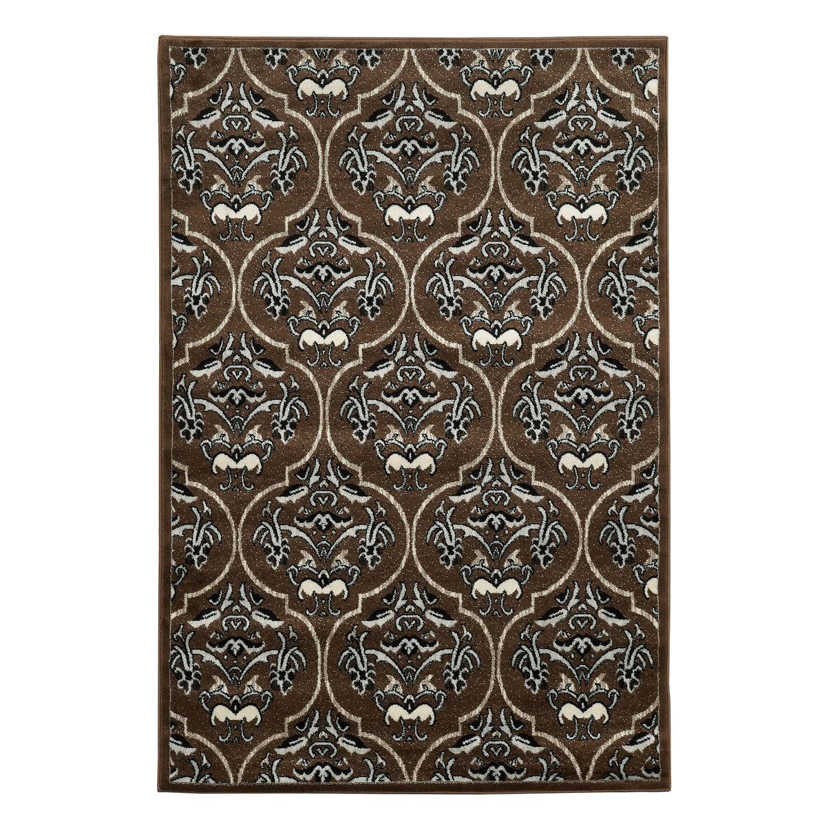 Benzara 7.25 X 5 Feet Power Loom Polypropylene Rug with Damask Pattern, Brown and White