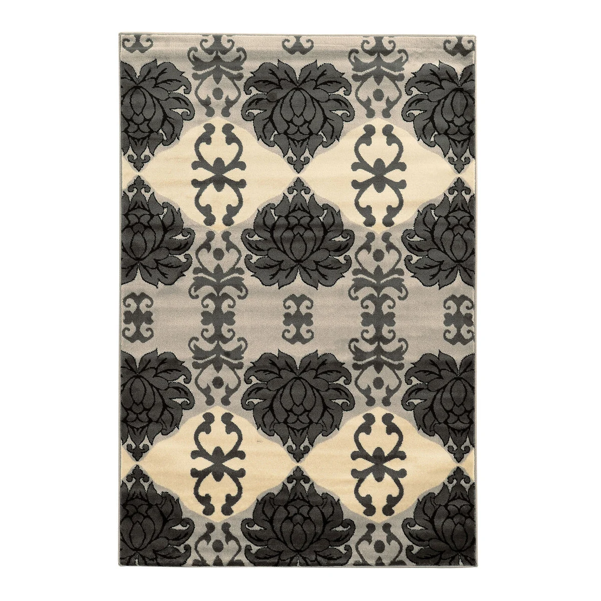 Benzara 7.25 X 5 Feet Transitional Polypropylene Rug with Damask Pattern, Gray and White