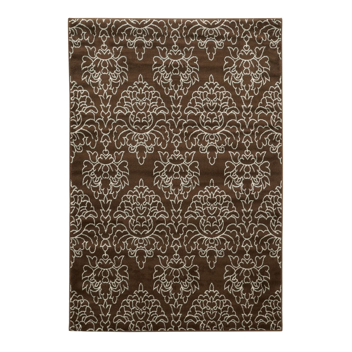 Benzara 3 X 2 Feet Polypropylene Rug with Damask Pattern, Brown and White