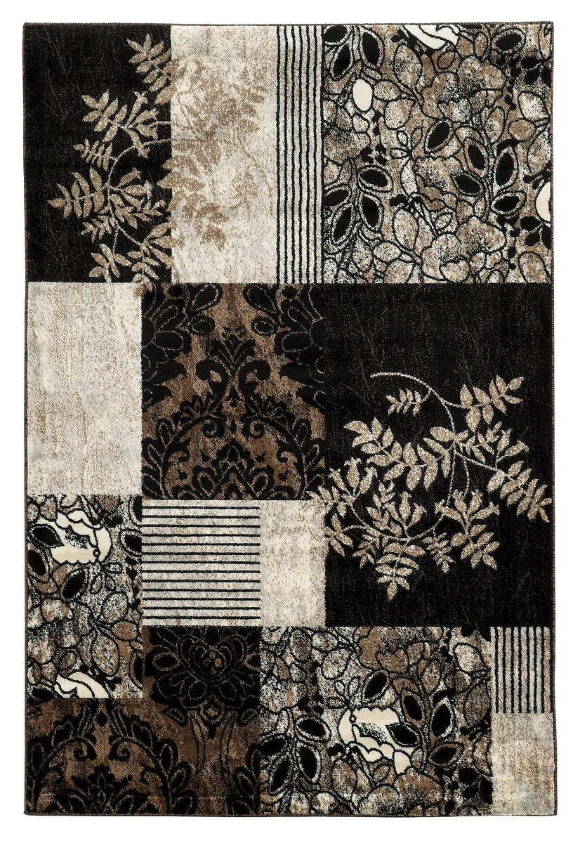 Benzara 7.25 X 5 Feet Polypropylene Patchwork Rug with Abstract Motif, Black and Brown