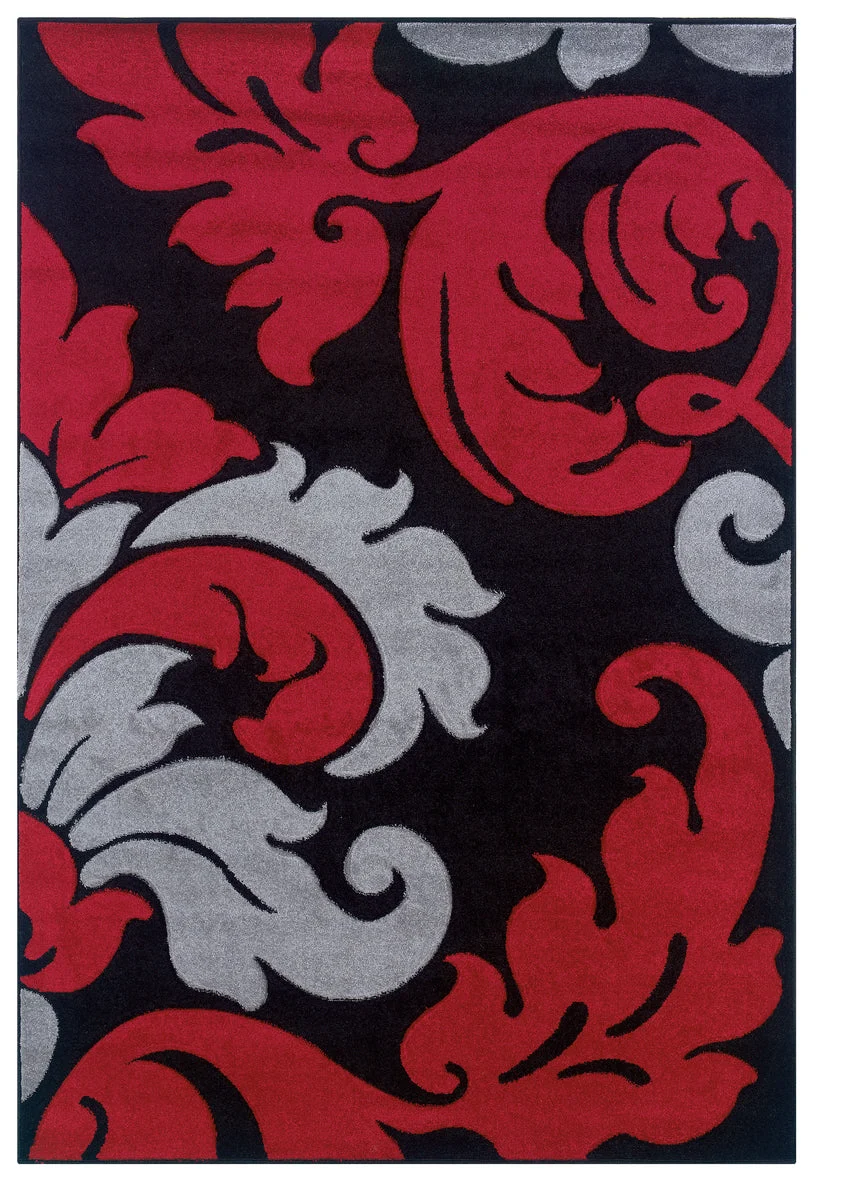 Benzara 7.7 X 5 Feet Frieze Yarn Rug with Filigree Design, Black and Red