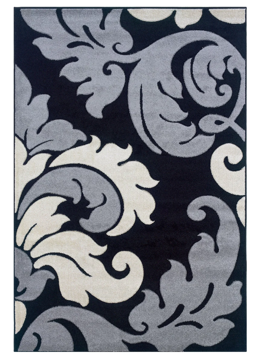 Benzara 2.83 x 1.83 Feet Frieze Yarn Rug with Filigree Design, Black and Gray
