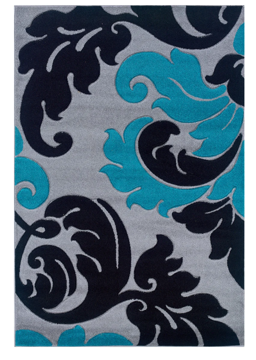 Benzara 7.7 X 5 Feet Frieze Yarn Rug with Filigree Design, Gray and Turquoise