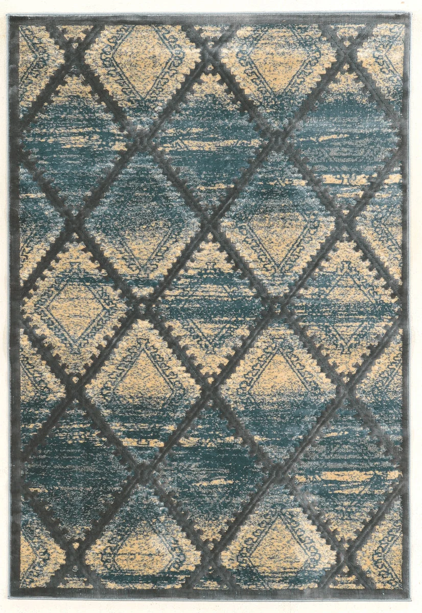 Benzara 3 X 2 Feet Power Loomed Polyester Rug with Geometric Design, Blue and Cream