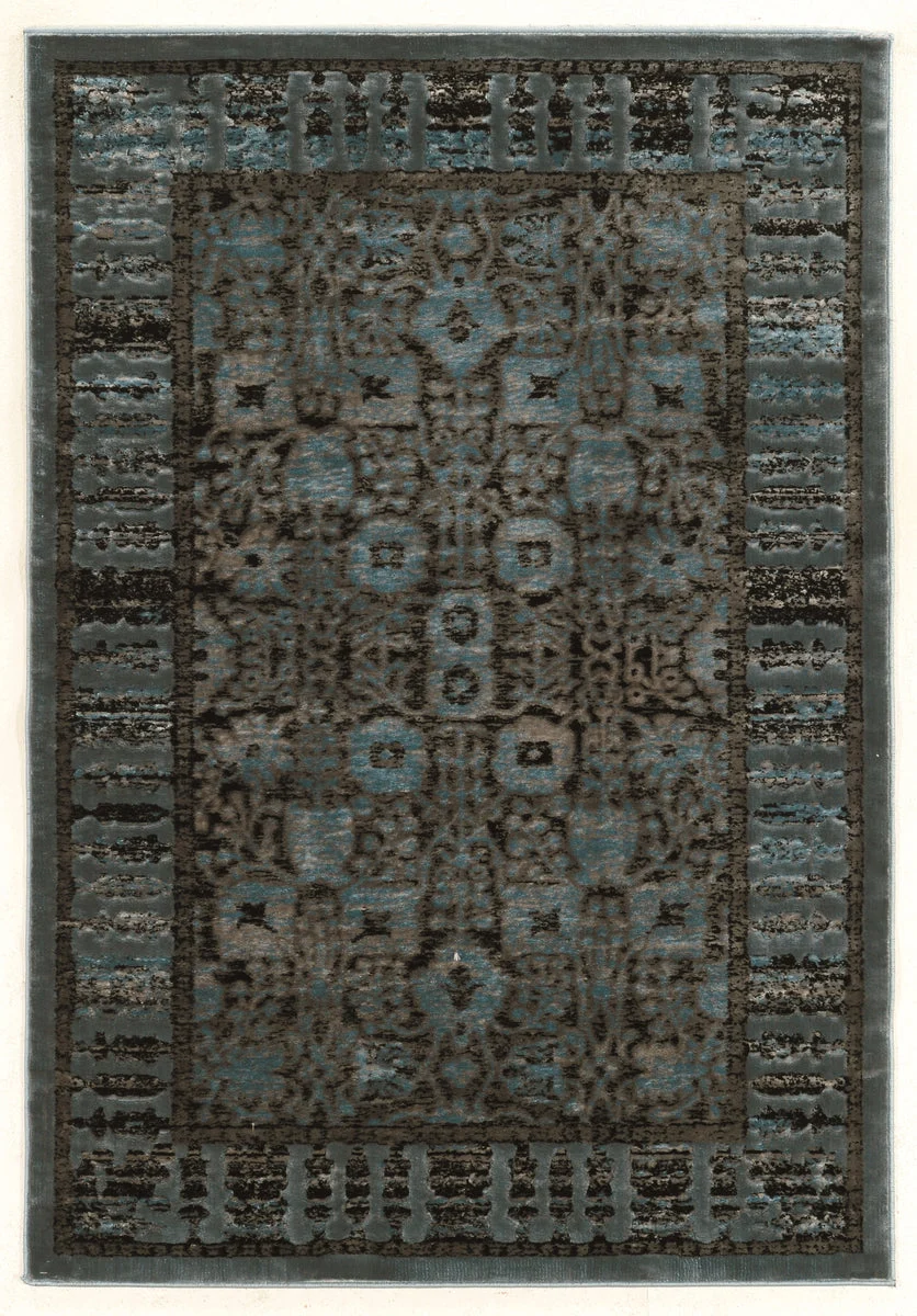 Benzara 7.5 X 5 Feet Power Loomed Polyester Rug with Intricate Design, Blue and Black