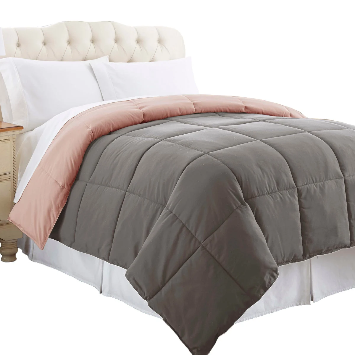 Genoa King Size Box Quilted Reversible Comforter The Urban Port, Gray and Pink