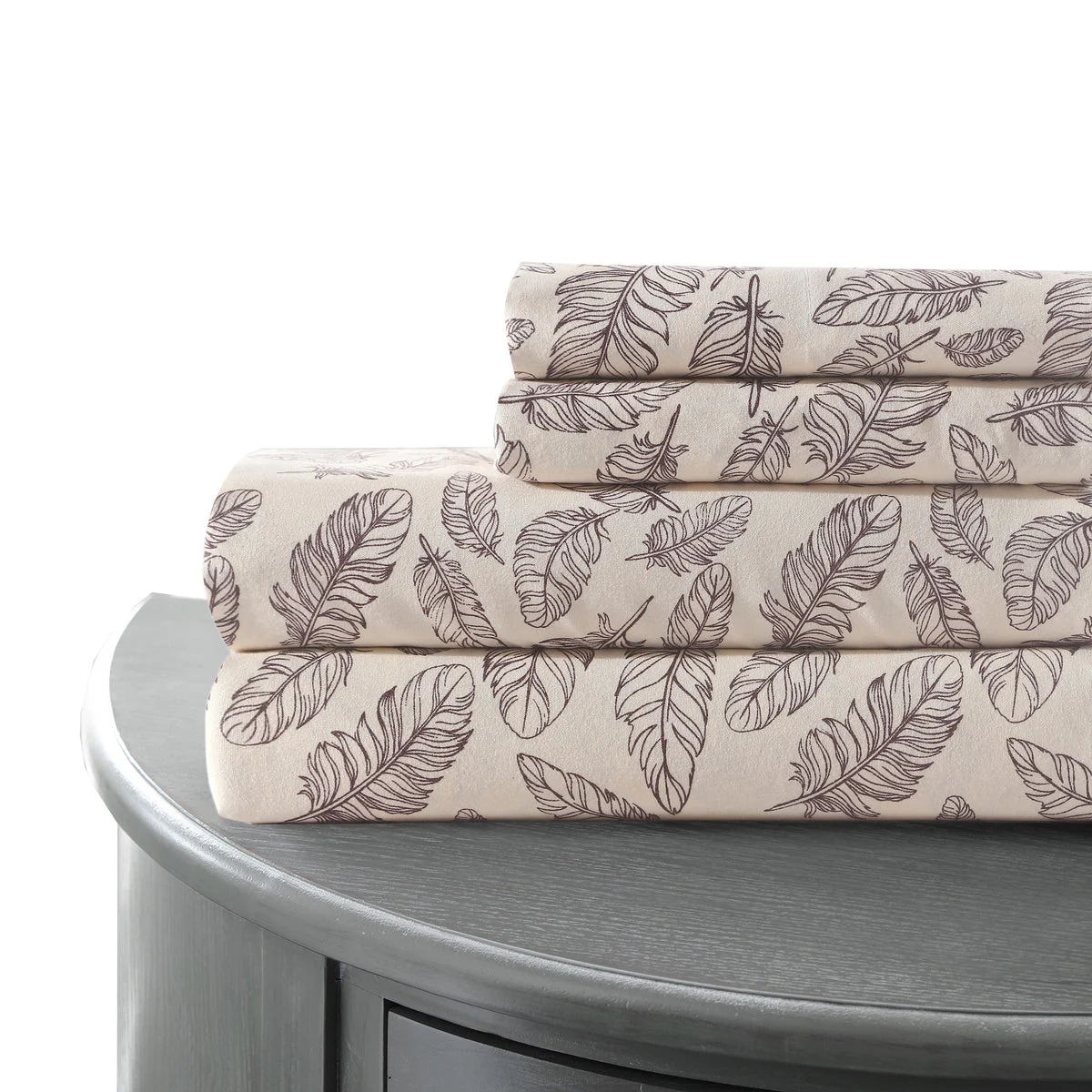 Venice 3 Piece Twin Size Sheet Set with Feather Print The Urban Port, Beige and Brown
