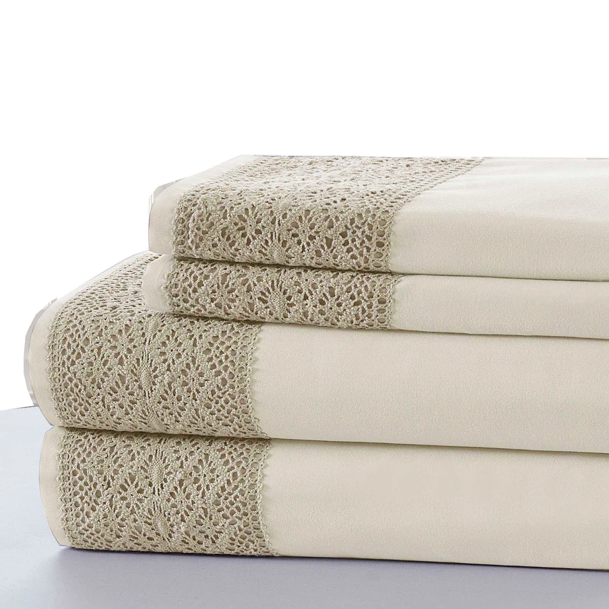 Le Mans 3 Piece Twin Size Sheet Set with Lace Details The Urban Port, Cream and Brown