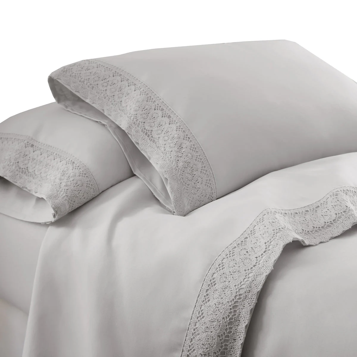 Udine 3 Piece Twin Size Microfiber Sheet Set with Crochet lace The Urban Port, Gray