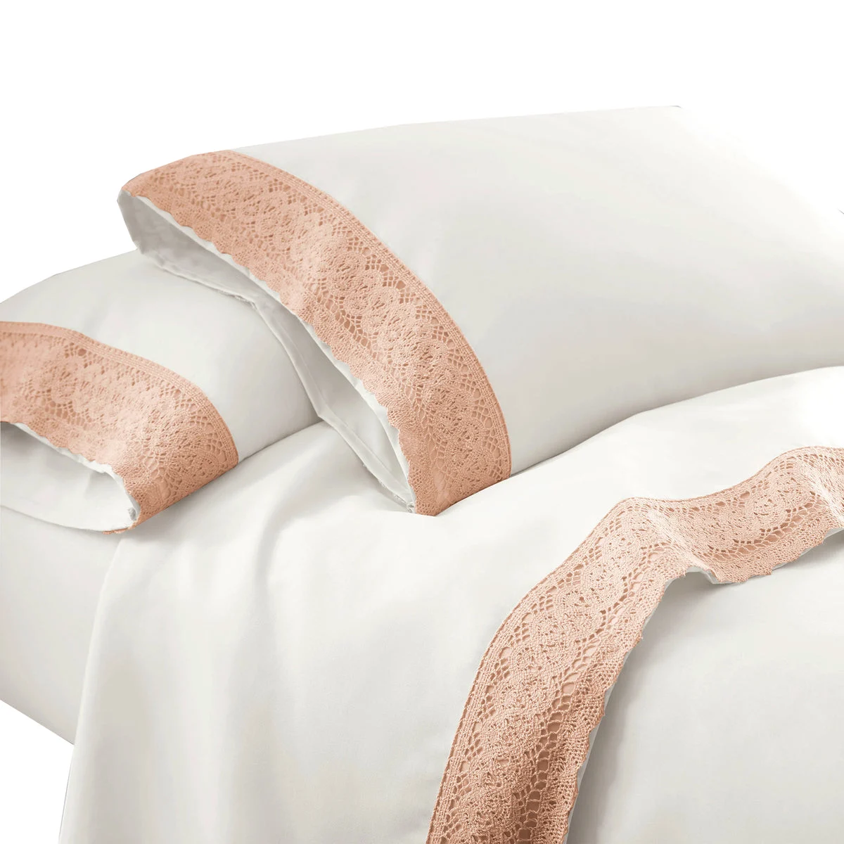 Udine 3 Piece Twin Size Sheet Set with Crochet Lace The Urban Port, Pink and White