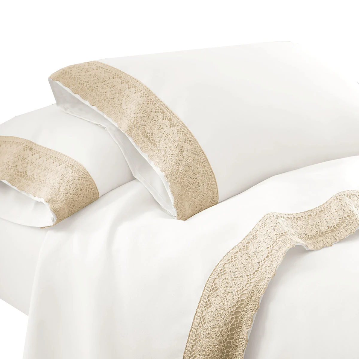 Udine 3 Piece Twin Size Sheet Set with Crochet Lace The Urban Port, Beige and White