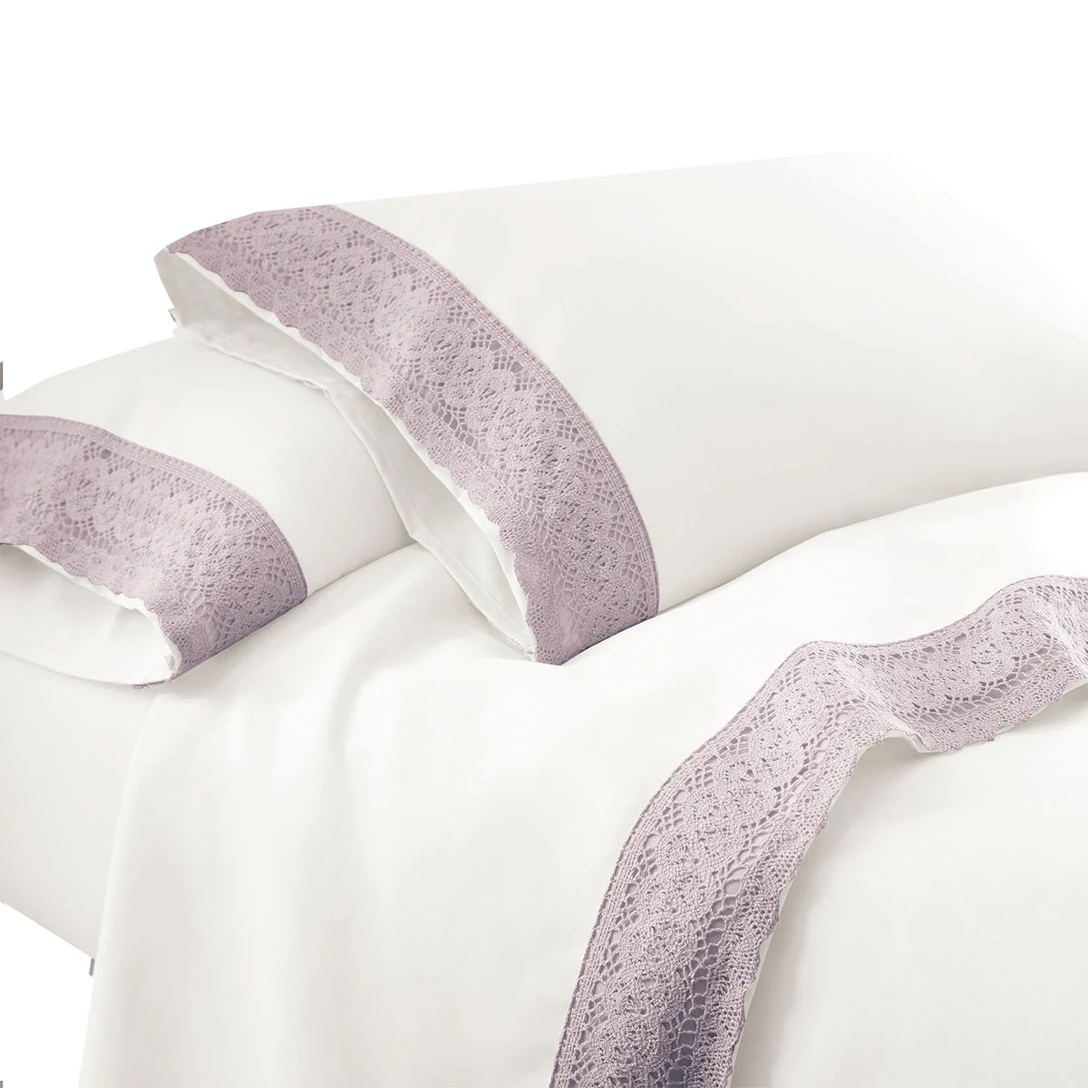Udine 3 Piece Twin Size Sheet Set with Crochet Lace The Urban Port, Purple and White