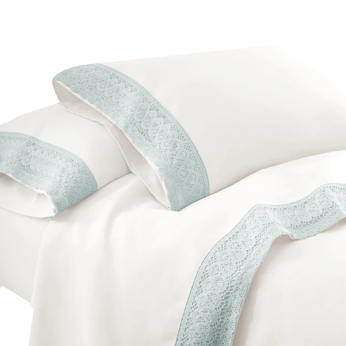 Udine 3 Piece Twin Size Sheet Set with Crochet Lace The Urban Port, White and Blue