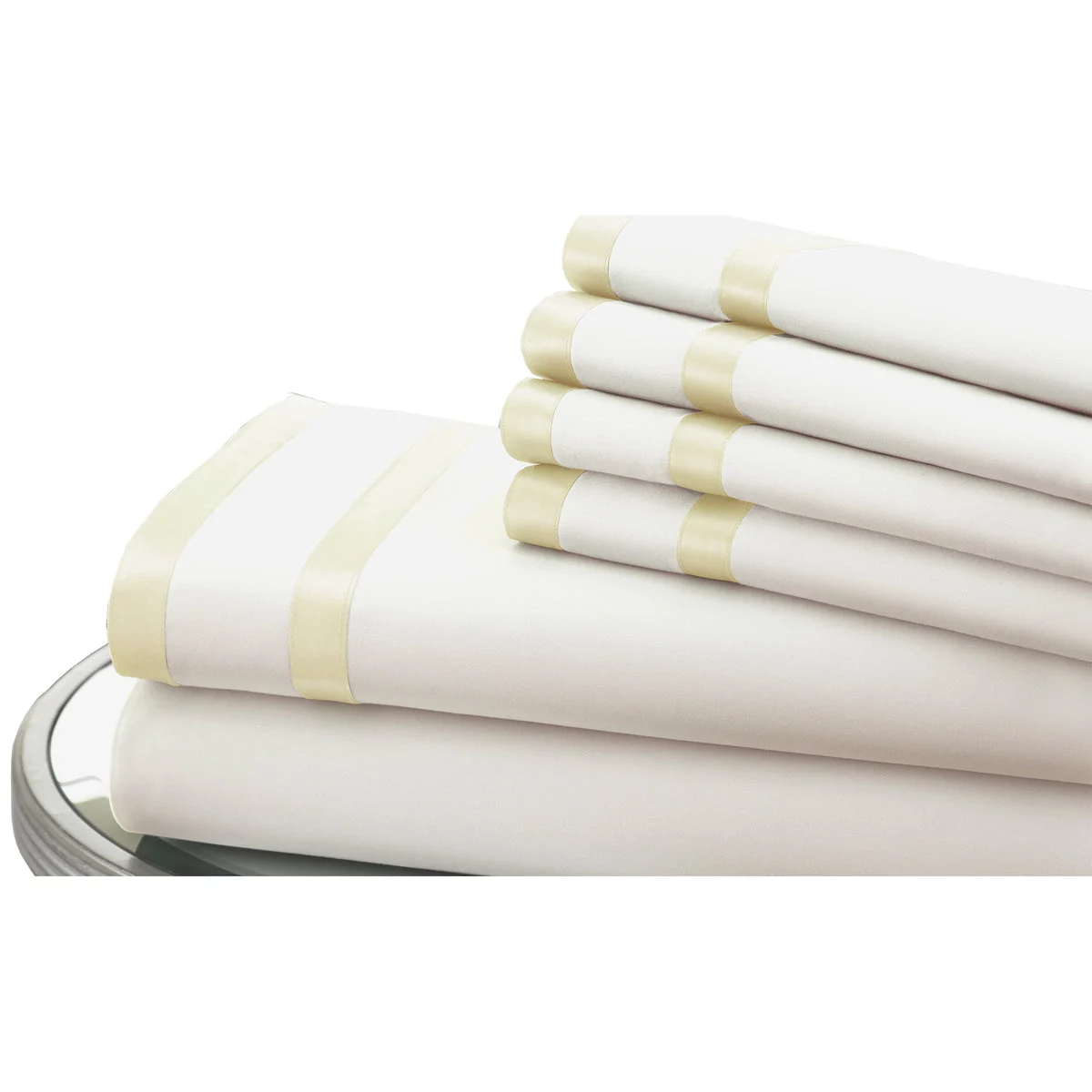 Lille 6 Piece Full Sheet Set with Double Satin Band The Urban Port, White and Cream