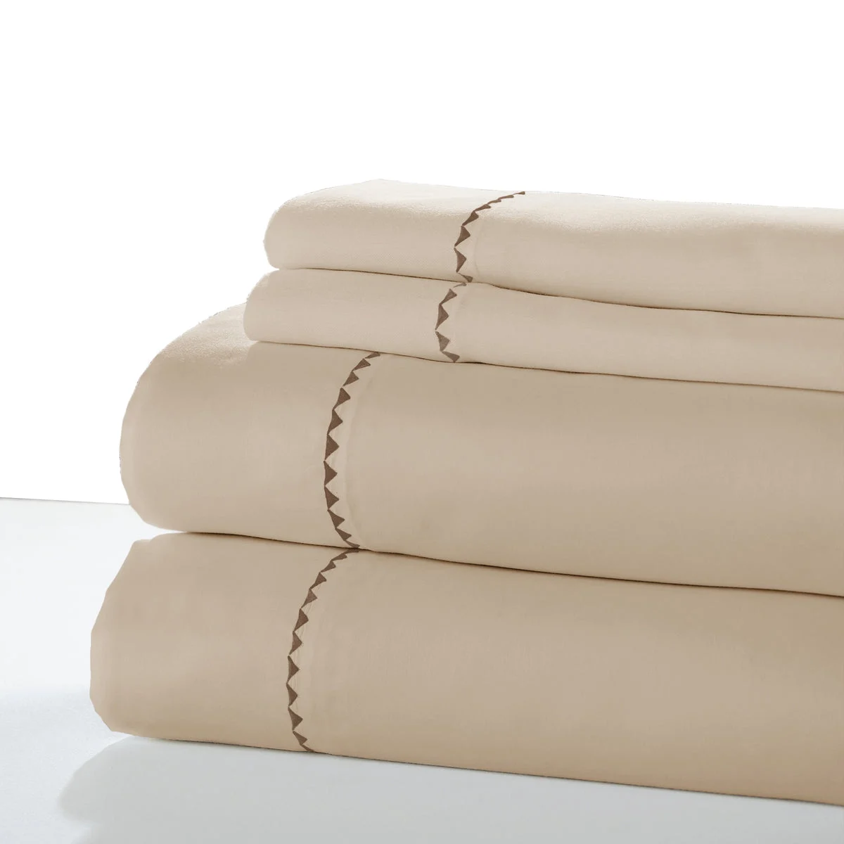 Fano 4 Piece Full Sheet Set with Embroidered Hem The Urban Port, Beige and Brown