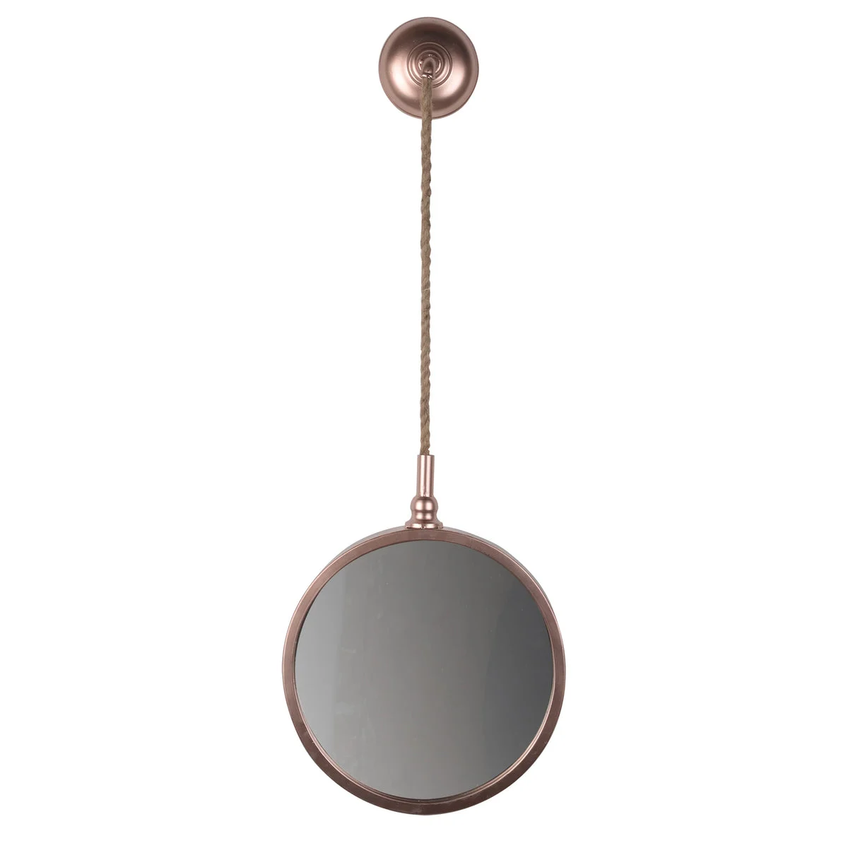 Benzara Metal Frame Round Wall Mirror with Attached Rope Hanging,Small, Copper
