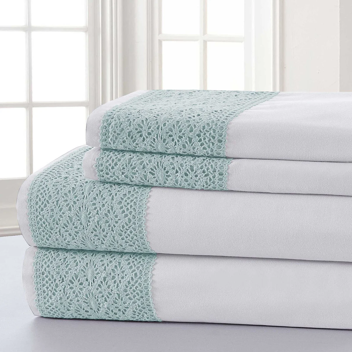 Le Mans 4 Piece Full Size Sheet Set with Lace Trim The Urban Port, Blue and White