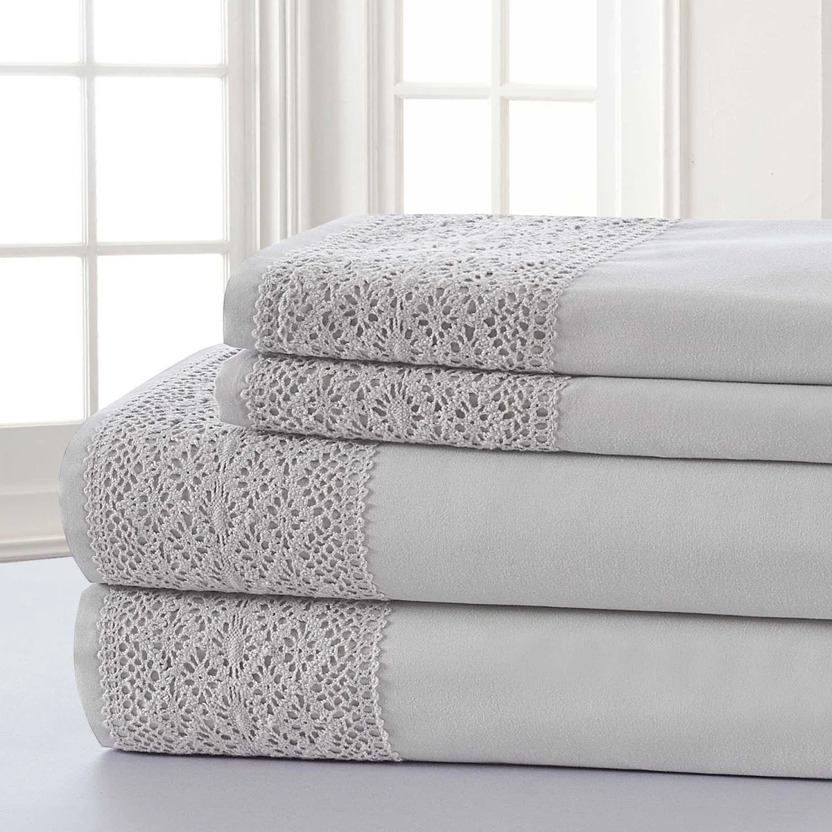 Le Mans 4 Piece Full Size Sheet Set with Lace Trim The Urban Port, Silver and Gray