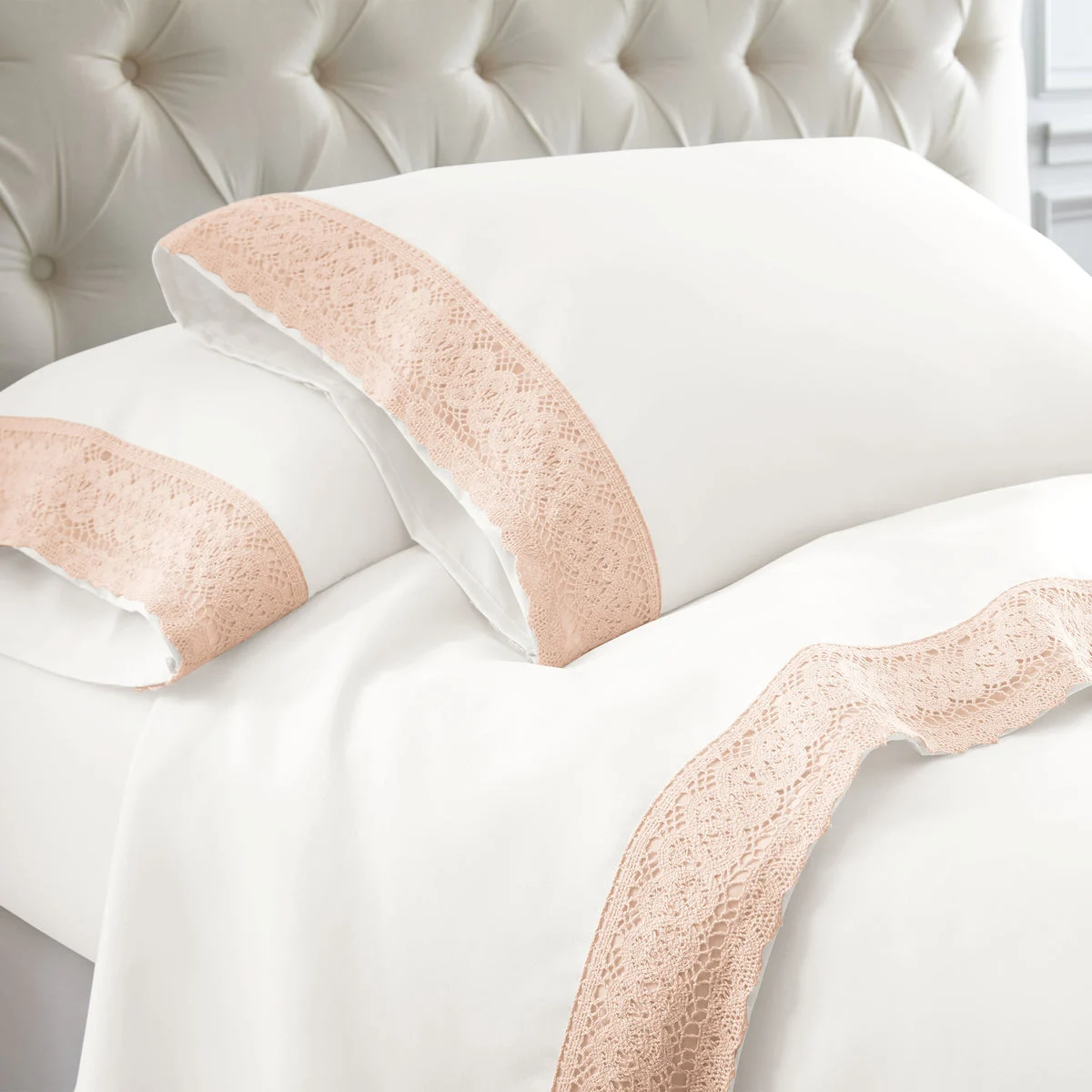 Udine 4 Piece Full Size Sheet Set with Crochet Lace The Urban Port, White and Pink