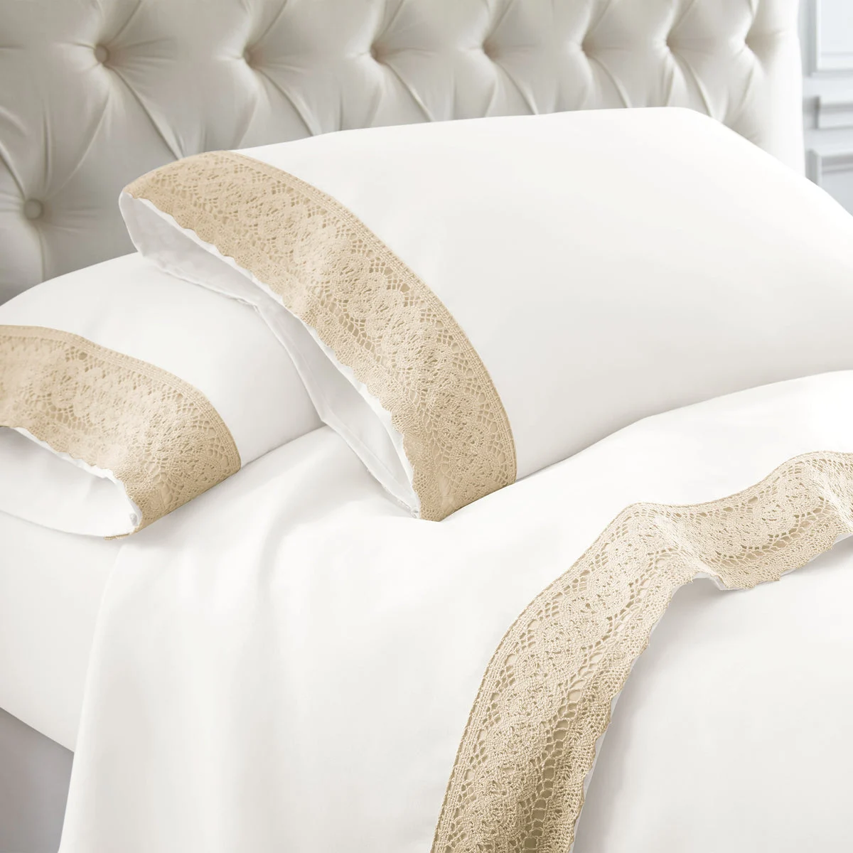 Udine 4 Piece Full Size Sheet Set with Crochet Lace The Urban Port, White and Cream
