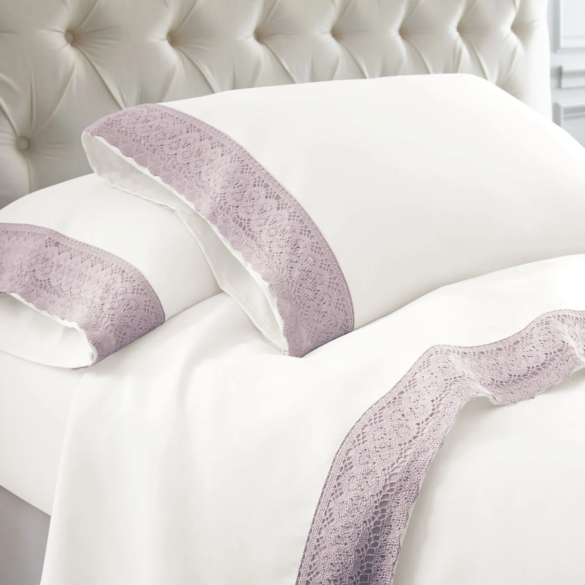 Udine 4 Piece Full Size Sheet Set with Crochet Lace The Urban Port, White and Purple
