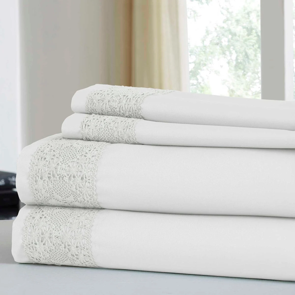 Le Mans 4 Piece Queen Size Sheet Set with Crystal Lace Trim The Urban Port, White