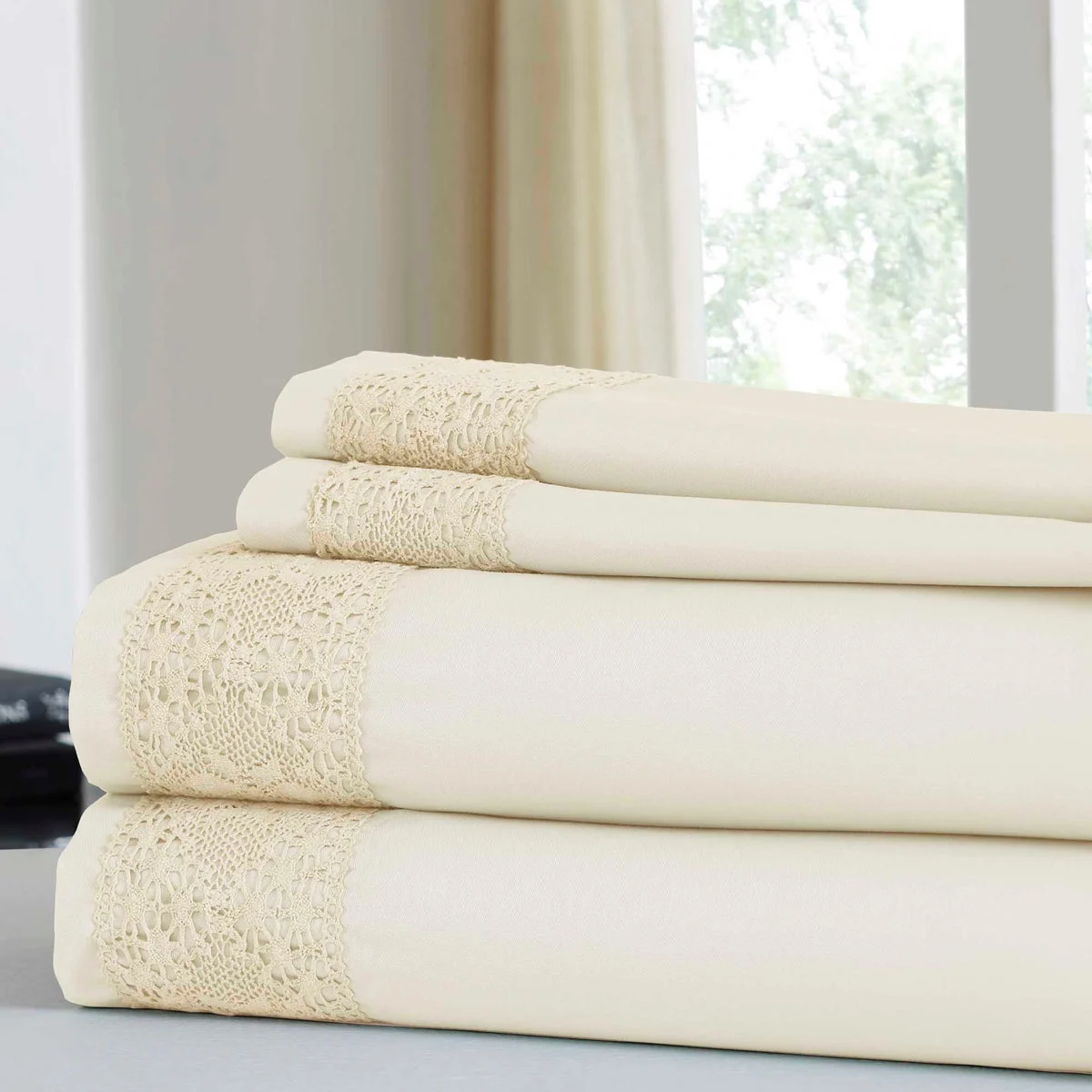 Le Mans 4 Piece Queen Size Sheet Set with Crystal Lace Trim The Urban Port, Cream