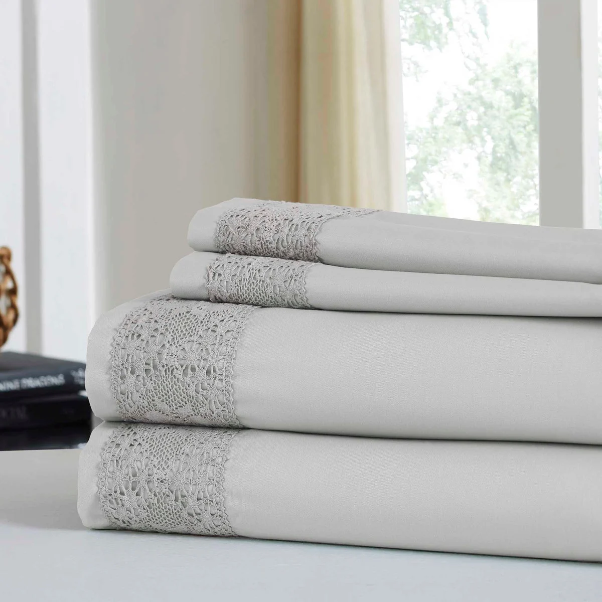 Le Mans 4 Piece Queen Size Sheet Set with Crystal Lace Trim The Urban Port, Silver