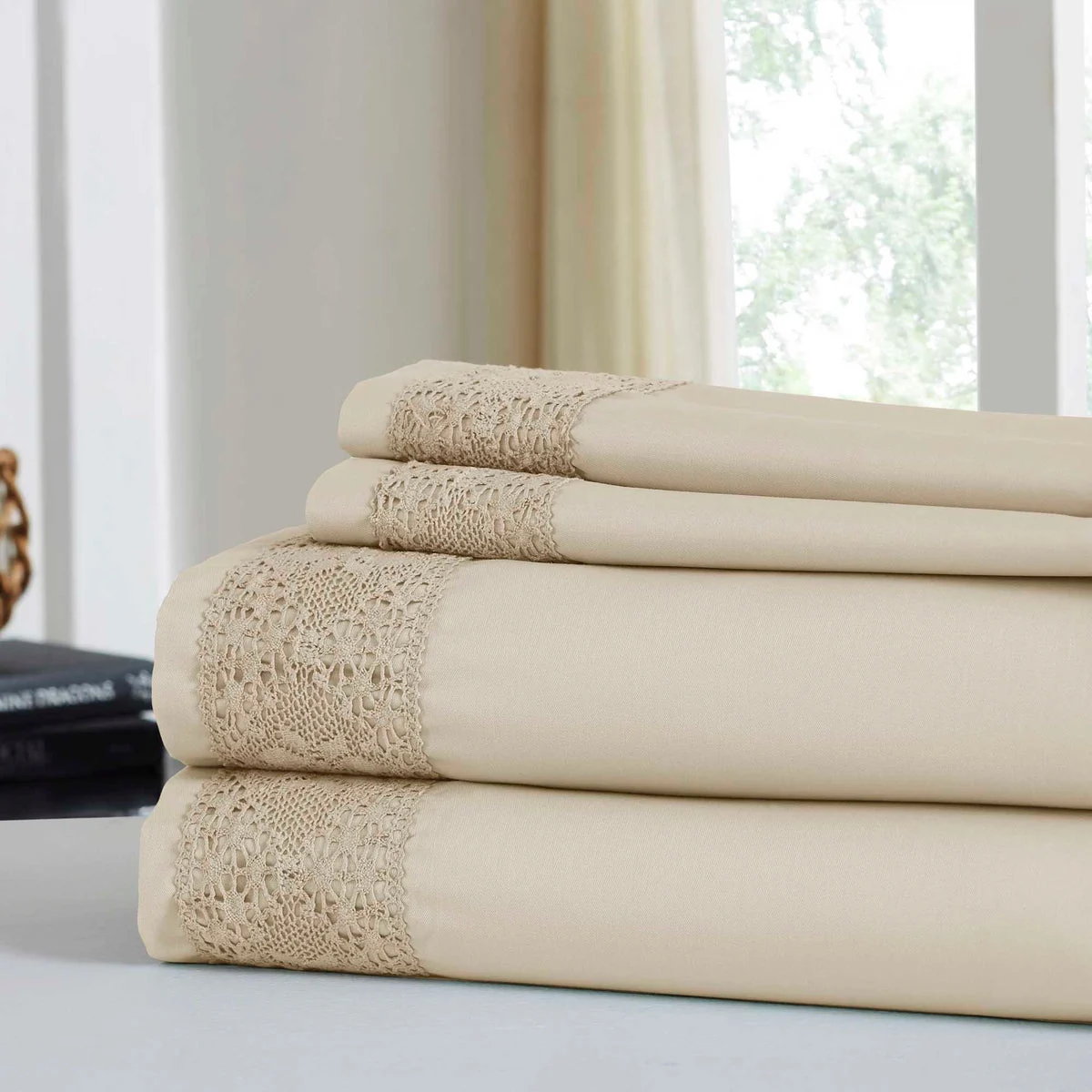 Le Mans 4 Piece Queen Size Sheet Set with Crystal Lace Trim The Urban Port, Beige
