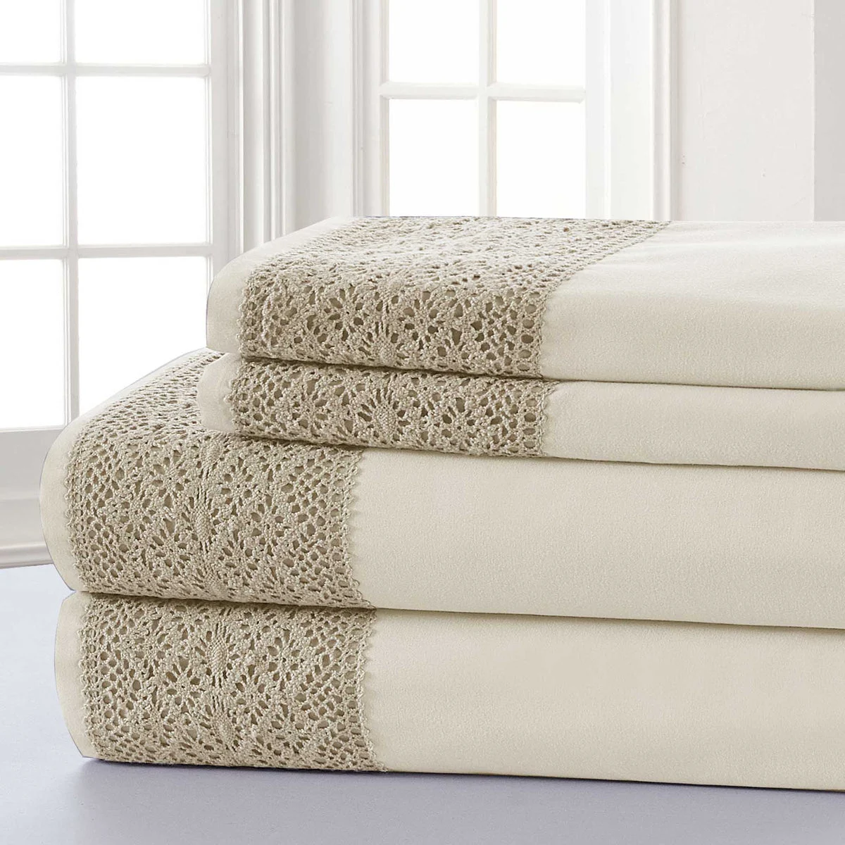 Le Mans 4 Piece Queen Size Microfiber Sheet Set with Lace Trim The Urban Port, Cream