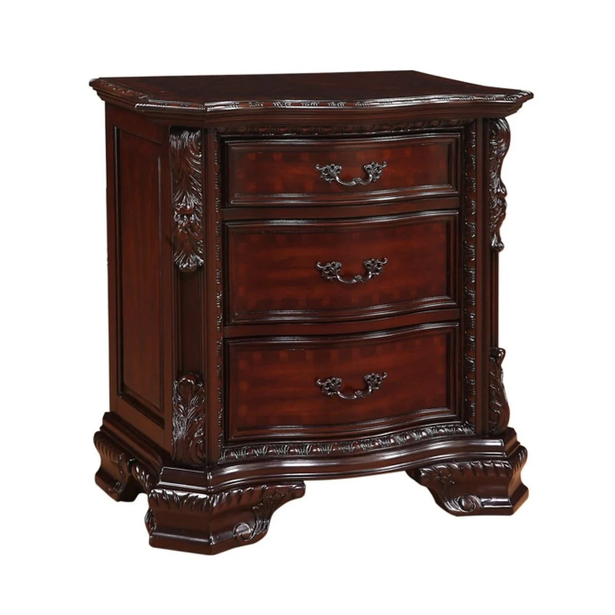 Benzara BM215294 3 Drawer Nightstand with Wooden Carving and Bracket Feet Support, Brown