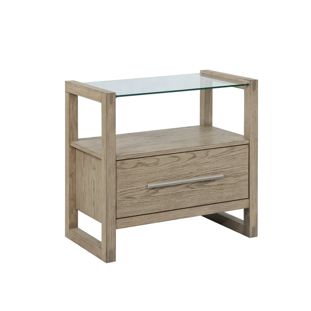 Benzara BM215842 1 Drawer Glass Top Nightstand with Wood Grain Details and Sled Base, Brown