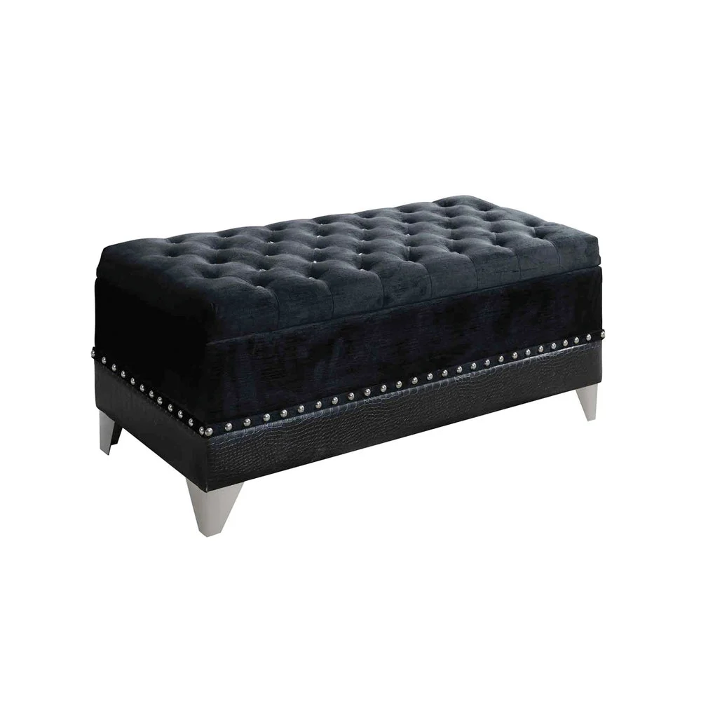 Benzara BM216194 Leatherette Storage Bench with Nailhead Trims and Button Tufted Seat, Black