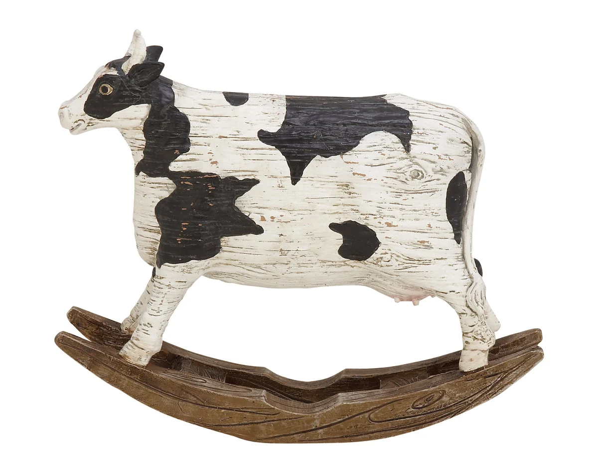 Benzara BM216410 Polystone Frame Cow Sculpture on Wooden Base, Black and White