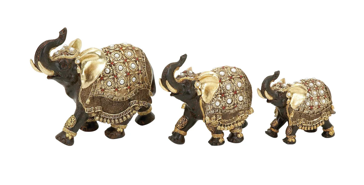 Benzara BM216433 Polystone Frame Elephant Sculpture with Raised Trunk, Set of 3, Multicolor