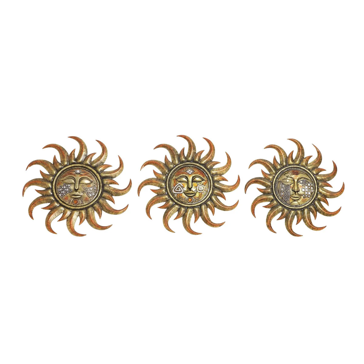 Benzara BM216445 Metal and Polystone Frame Sun Plaque, Assortment of 3, Rustic Gold