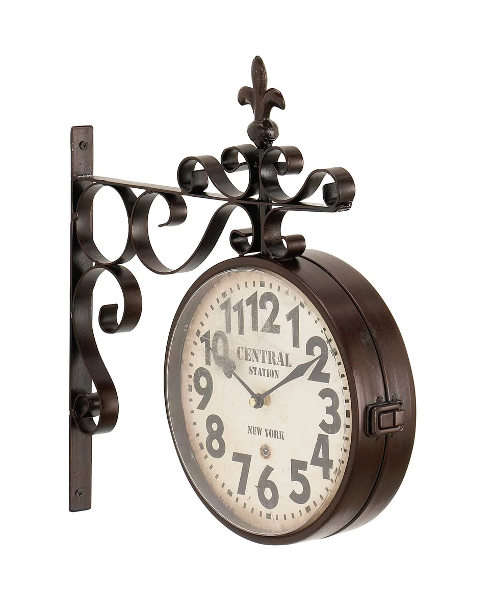 Benzara BM216479 English Numeral Round Double Side Metal Wall Clock with Scroll Stand, Black