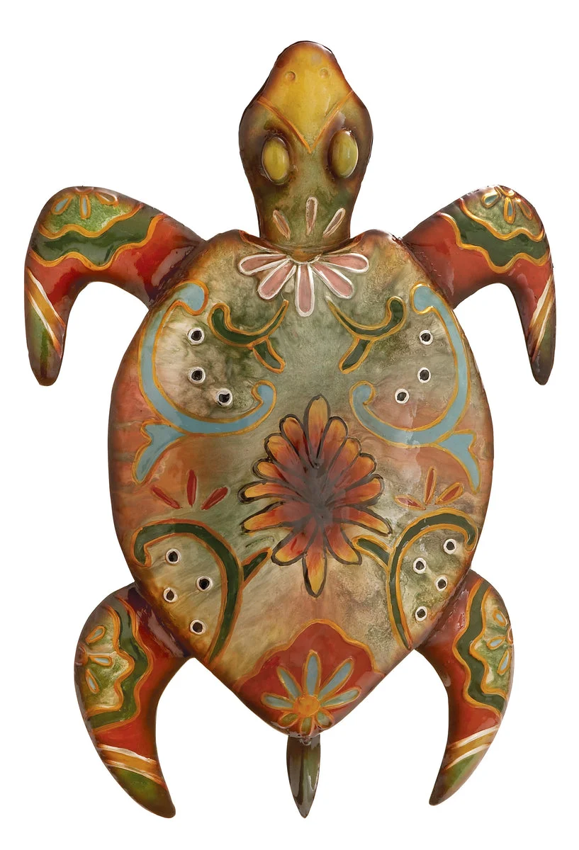 Benzara BM216493 19 Inch Metal Turtle Wall Sculpture with Floral Motif Print, Multicolor