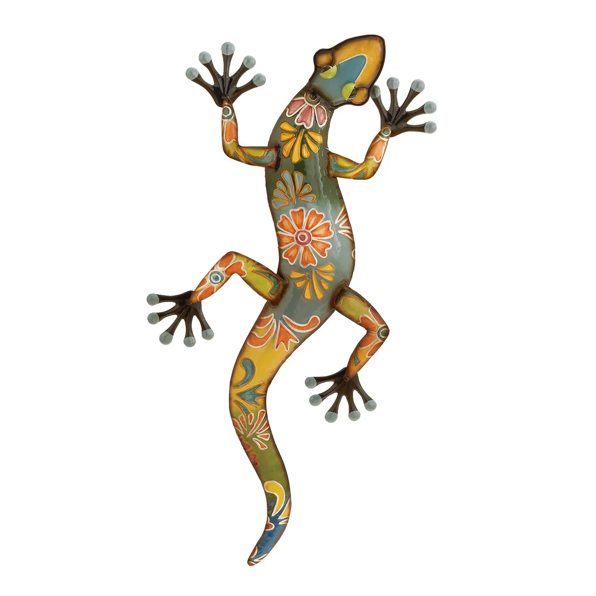 Benzara BM216494 32 Inch Metal Wall Lizard Sculpture with Floral Motif, Multicolor