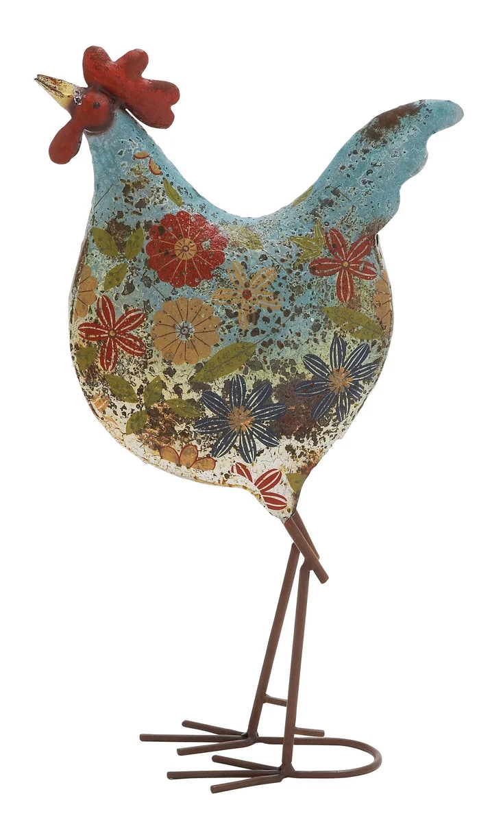 Benzara BM216495 17 Inch Farmhouse Metal Rooster Sculpture with Floral Motif, Multicolor