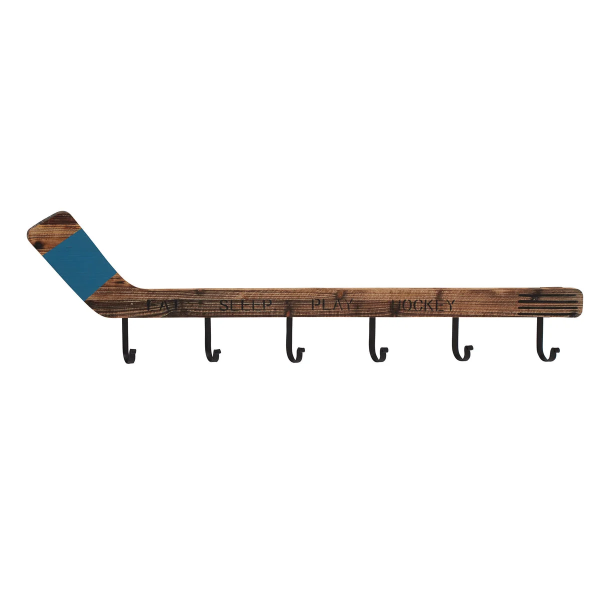 Benzara BM216501 Wood and Metal Hockey Wall Hook with Typography, Brown and Blue