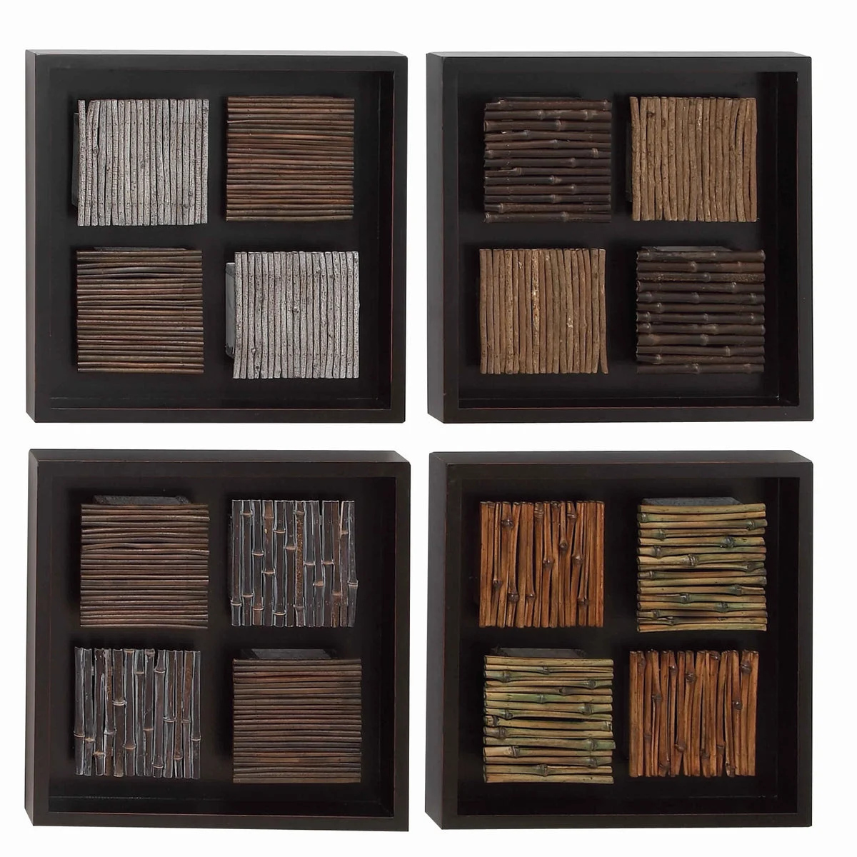 Benzara BM216509 Square Shaped Wooden Wall Decor with Arranged Planks, Assortment of 4,Black
