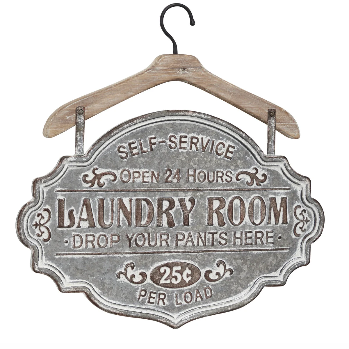 Benzara BM216512 Farmhouse Carved LAUNDRY ROOM Metal Wall Decor with Wooden Hanger, Gray