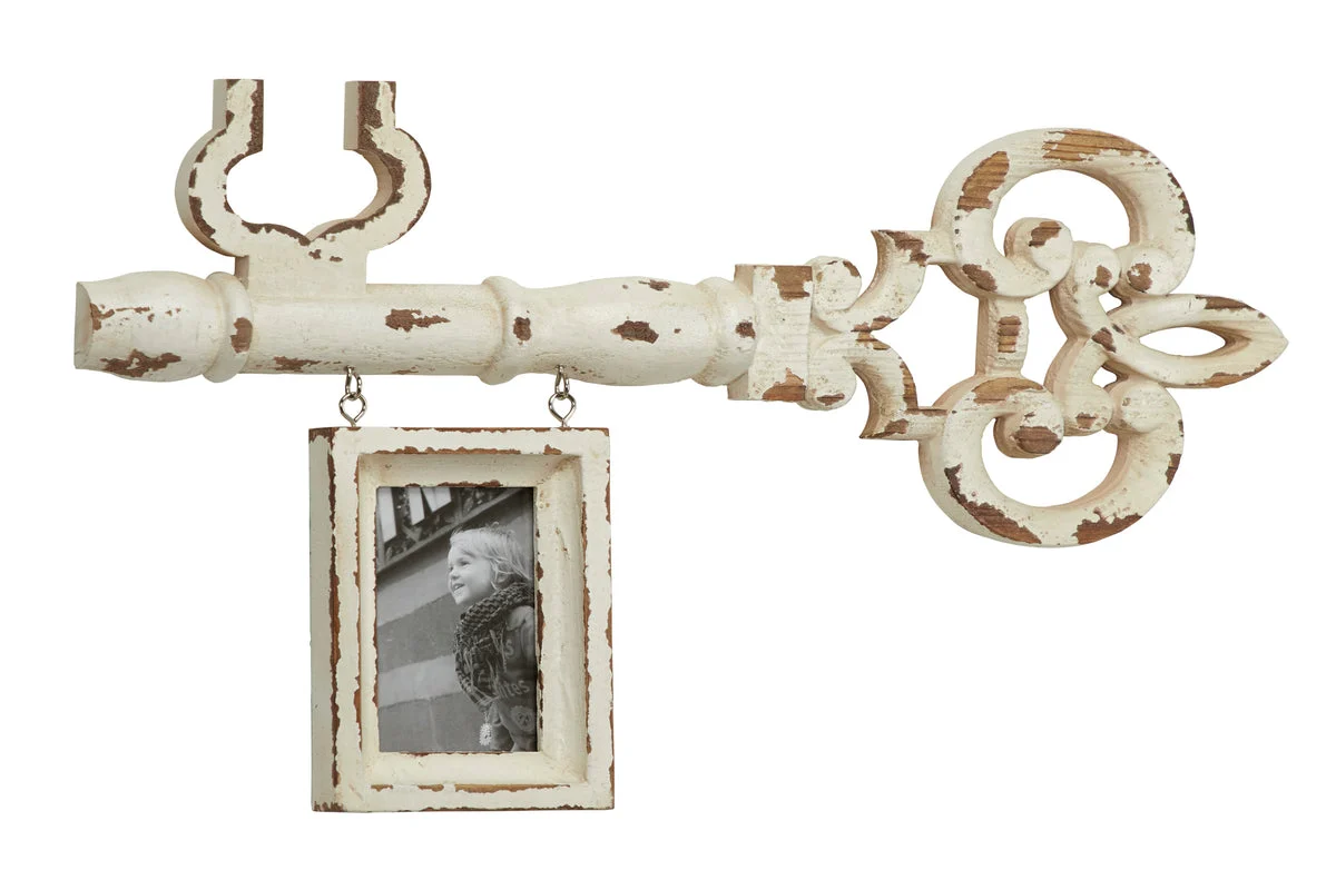 Benzara BM216514 Key Shaped Wooden Wall Decor with Distressed Detail, Antique White