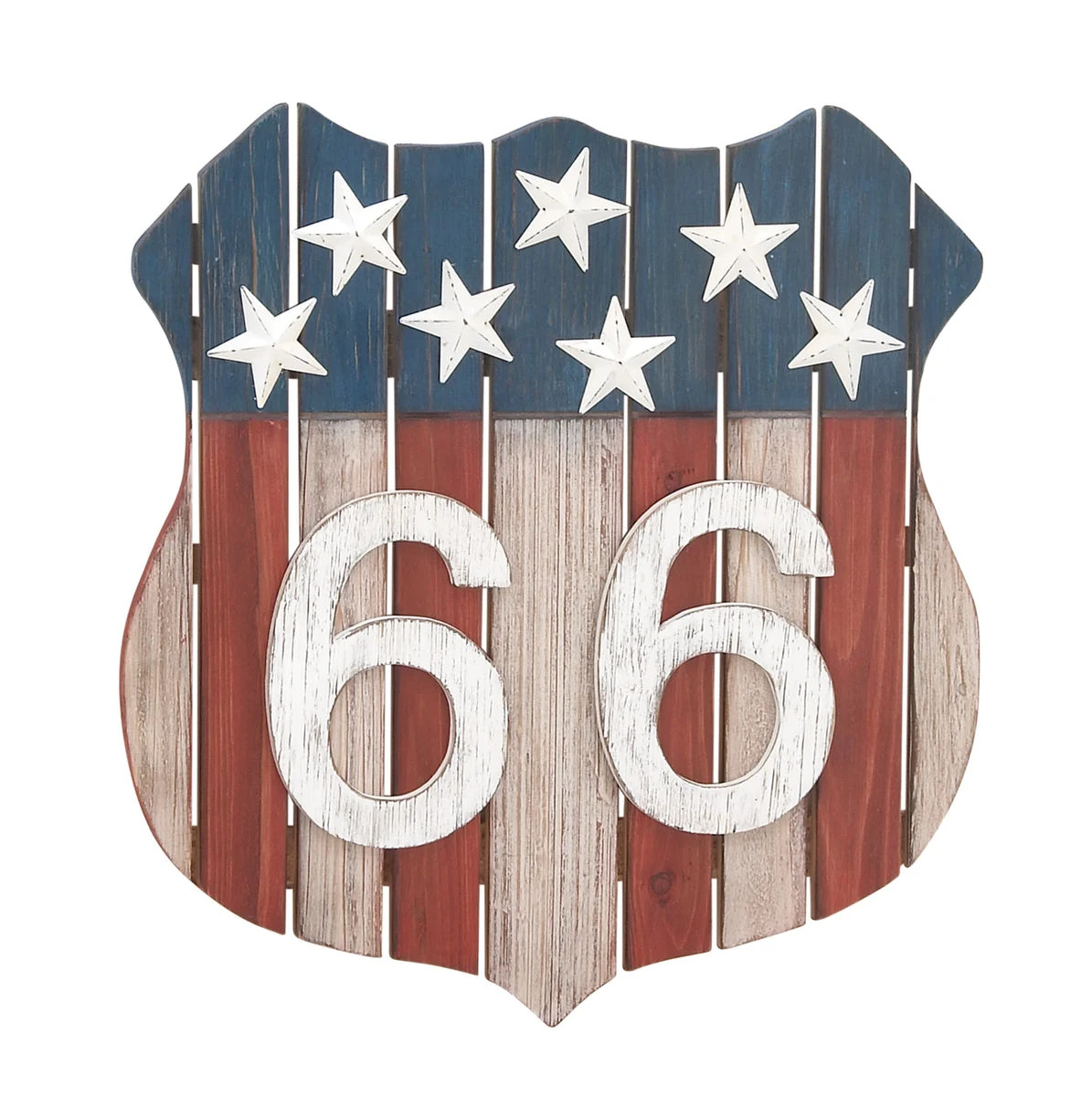 Benzara BM216516 Shield Design Wooden Wall Decor with US Flag Print, Red and Blue