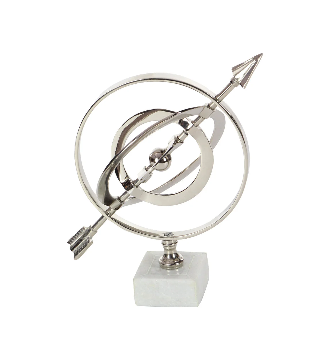 Benzara BM216523 Metal Armillary Sphere with Arrow and Ceramic Base, Silver