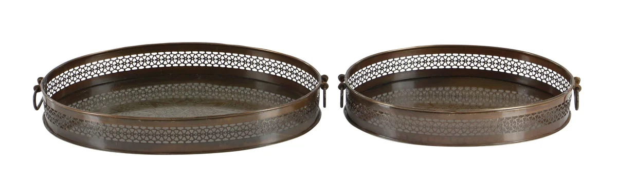 Benzara BM216530 Oval Shaped Metal Trays with Open Lattice Design Frame, Set of 2, Brown