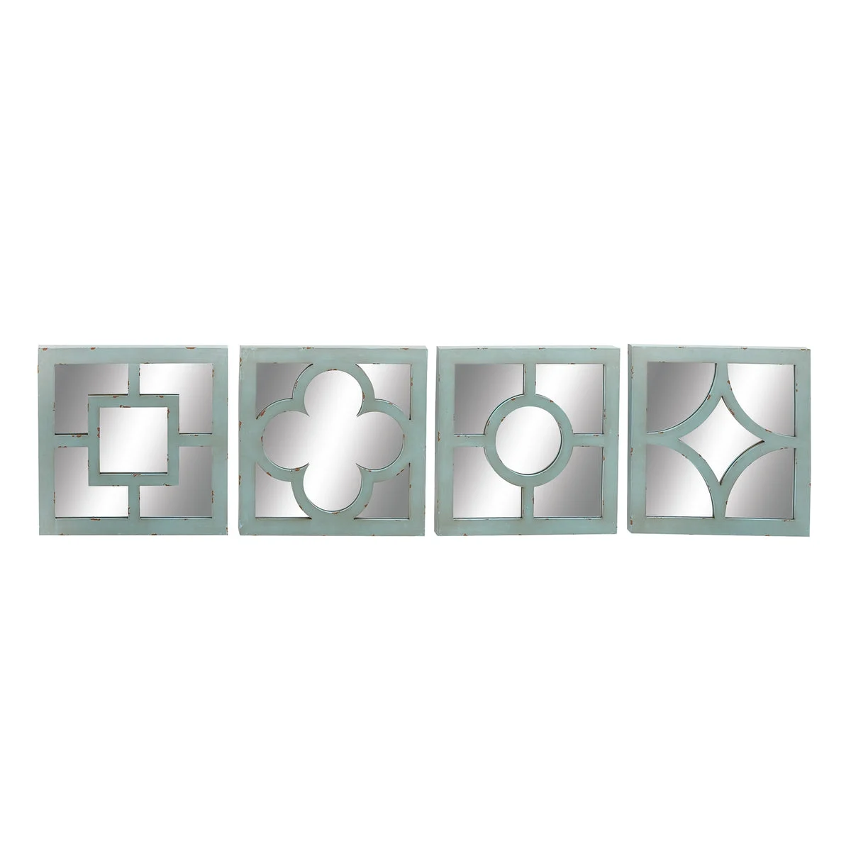 Benzara BM216564 Square Shaped Wooden Wall Mirror, Assortment of 4,Silver and Blue