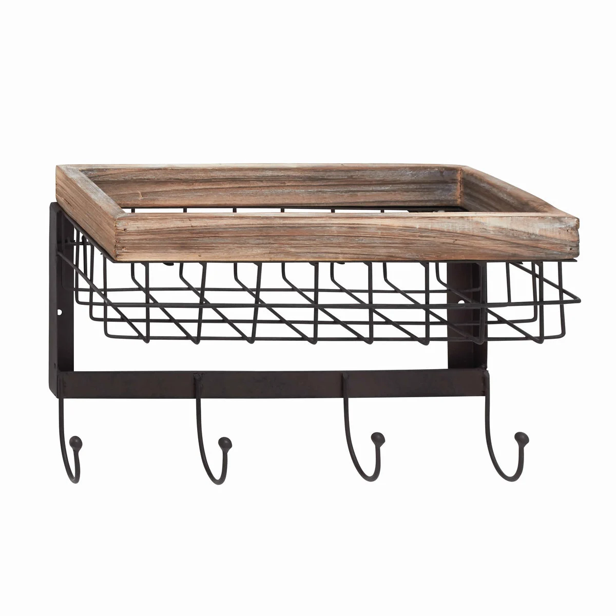 Benzara BM216566 Rectangular Frame Wall Basket with Metal Grid Design Case, Brown and Black